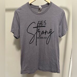 Gray She is Strong Proverbs 31:25 Christian Shortsleeve Shirt size Medium